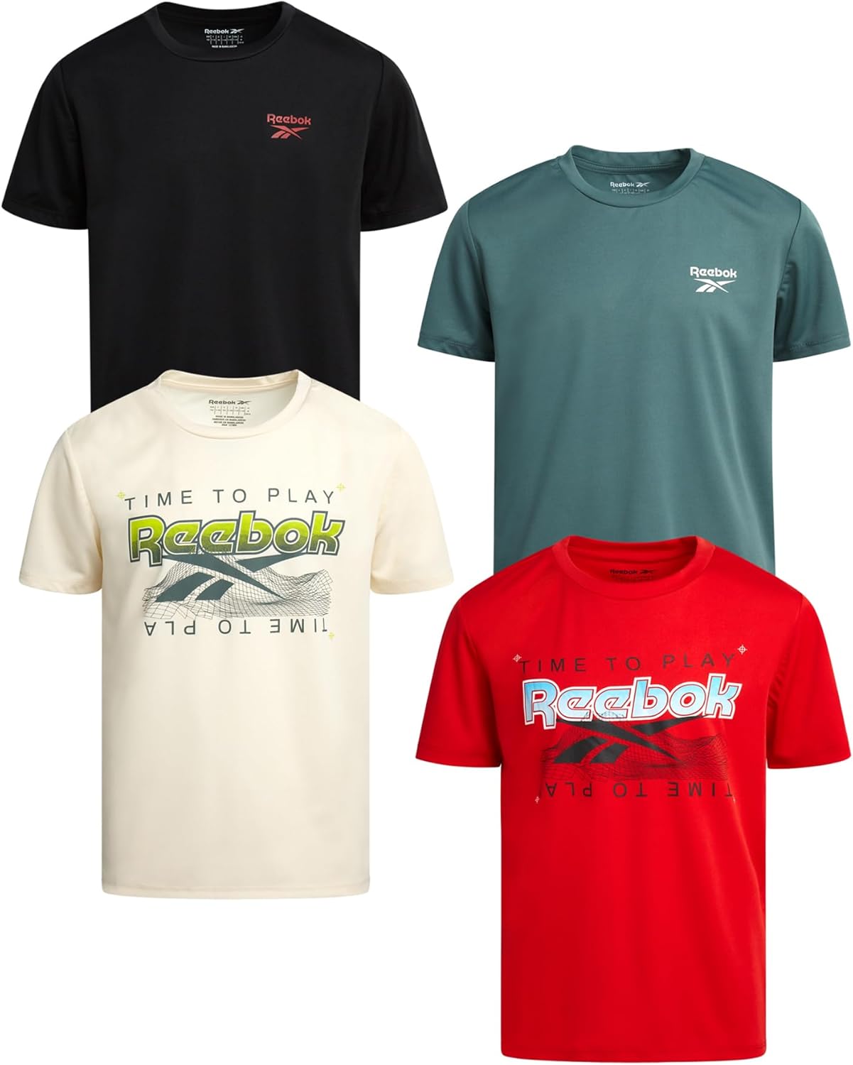 Reebok Active Boys Tshirts - 4 Pack Dry Fit Crew Neck Short Sleeve Boys Athletic Shirts Youth Kids Activewear
